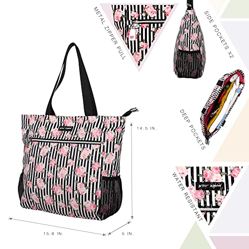 Betsey Johnson 15.6 Inch Zipper Beach Tote Bag Lightweight Large Durable Polyester with Mesh Side Pockets for Gym Work, Stripe Roses