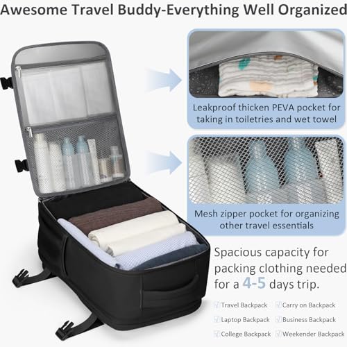 Tenot Travel Backpack for Women Men Carry on Flight Approved Lightweight 15.6 Inch Laptop Backpack Duffle College Business Work Weekender Hiking Travel Essentials Suitcase Backpack Black