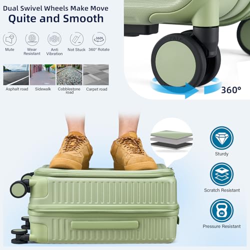 HanTrip 20 Inch Carry on Luggage 22x14x9 Airline Approved Hard Shell Suitcases with Wheels, Top Opening Expandable Carry on Luggage with Cup Holder Small Rolling Suitcase with Lock, Bamboo Green