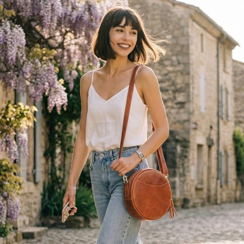 S-ZONE Leather Crossbody Bags for Women Trendy Circle Cross Body Shoulder Bag Designer Round Purses