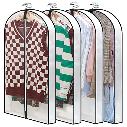 Perber 40" Clear Garment Bags for Hanging Clothes, 4" Gusseted Suit Bags for Closet Storage, Hanging Clothes Storage Suit Cover Bags with Zipper for Coats, Jackets, Shirts, 4 Packs