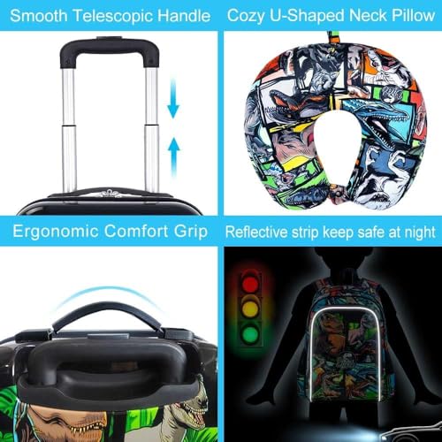 5Pcs Kids Luggage Set, 16" Boys Travel Suitcase with Spinner Wheels, Dinosaur Hardside Carry on Toddler Rolling Suitcase Airline Approved（Black）