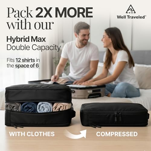 Well Traveled 8 pcs Compression Packing Bags Cubes Set with HybridMax Double-Capacity Design - Packing Cubes for Travel Compression to Maximize Limited Luggage Space, Black