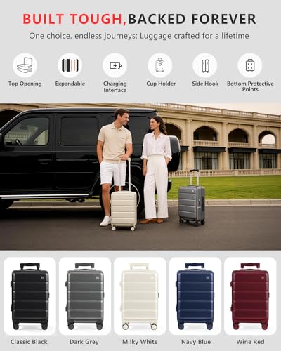 ISLAND ELEPHANT Expandable 20Inch Carry On Luggage Airline Approved - Top Opening Hardside Travel Suitcase Unbreakable -with Cup Holder,USB Charge,Side Pothook, 360°Spinner Wheels, TSA Lock-Wine Red
