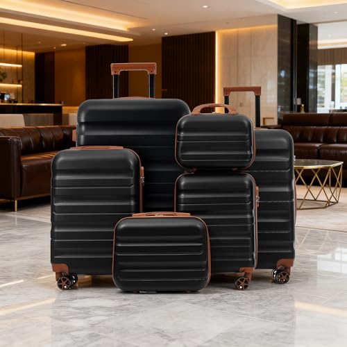 Merax Luggage Set 6 Piece, Hardshell ABS Suitcases with 8 Silent Spinner Wheels, Durable and Lightweight Travel Luggage for Family Trips, Black Brown
