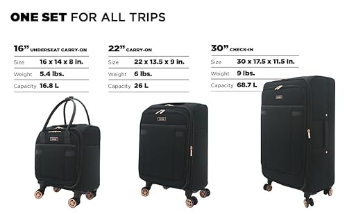 kensie Hudson Softside 3-Piece Spinner Luggage Set, Black with Rose Gold