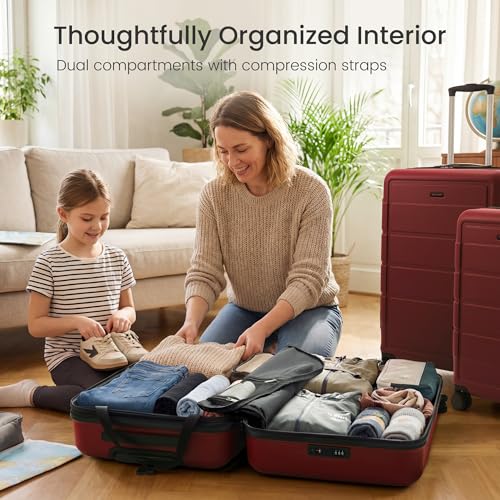 SHOWKOO Luggage Sets 3 Piece Expandable 100% PC Durable Hardshell Suitcase with Wheels TSA Lock Lightweight Wine Red