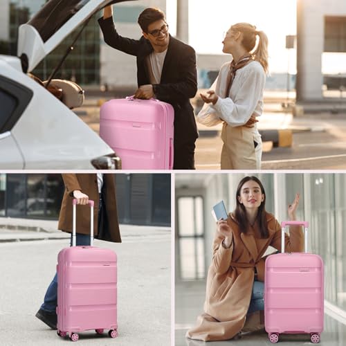 Kono Carry On Luggage 24 Inch Checked-Medium Hard Shell Travel Trolley 4 Spinner Wheels Lightweight Polypropylene Suitcase with TSA Lock, Pink