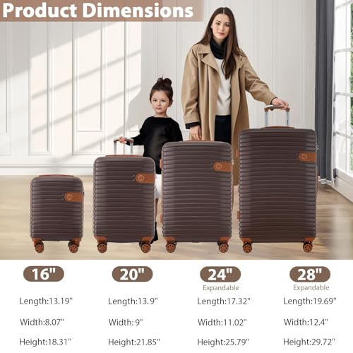 Merax Hardshell Luggage Sets 4 piece Lightweight Suitcases With Wheels TSA Lock Expandable (only 24”/28”) ABS Large Luggage set (Brown)
