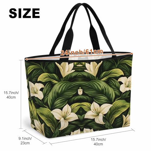 White Lily Flower Mesh Beach Bag, Tropical Bloom Floral Green Leaf Large Tote Bag for Swim Pool Beach Travel