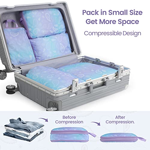 Cambond Compression Packing Cubes Travel - 5 Set Packing Cubes for Carry on Suitcases, Lightweight Expandable Luggage Organizers Space Saver Compression Cubes with Laundry Bag, Blue Purple Gradient