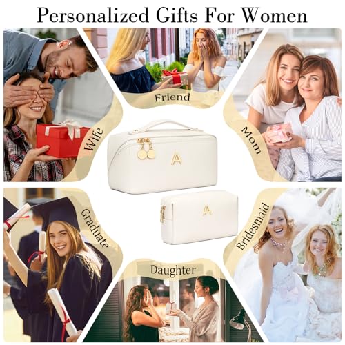 CLOUDWINGS Birthday Gifts for Women Teen Girl, Personalized Initial Makeup Organizer Bag Set, Open Flat Travel Cosmetic Bag With Clear Divider and Handle(Beige,A)