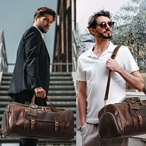 S-ZONE Genuine Leather Travel Duffle Bags for Men Women Carry On Garment Weekender Bags(Dark Brown)