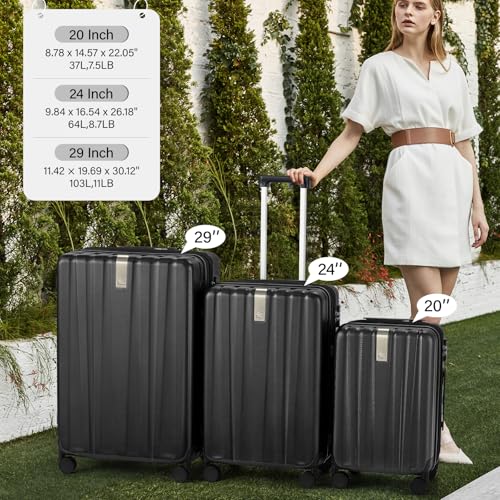 Hanke Hardshell Luggage Sets 3 Piece Extra Large Suitcases with Lock,28 Inch Luggage with Spinner Wheels, PC Travel Suitcase for Women Men 20 24 29Inch,Jet Black