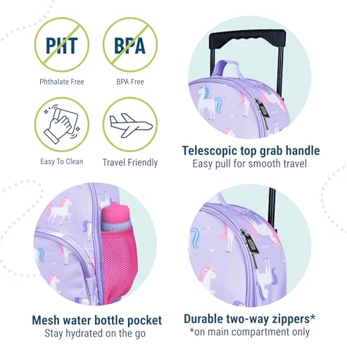 Wildkin Kids 16 Inch Rolling Luggage for Boys & Girls – Lightweight Carry-On Suitcase with Telescoping Handle & Rolling Wheels for School, Travel & Overnight Trips, Ages 3–7 – Unicorn