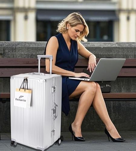 feilario 30in Super Large Captain Aluminum Frame Hardside Spinner Wheels Luggage, Removable Wheels Zipperless Checked Suitcase with Cup Holder/Phone Holder (Silver,30in)