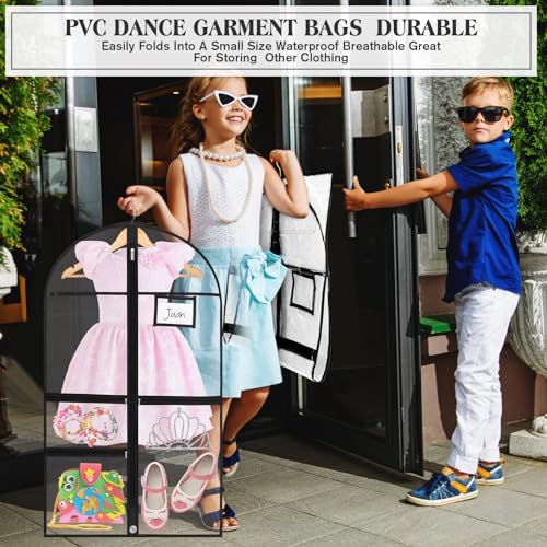 FoldTier 8 Pcs Dance Costume Garment Bag for Dancers 40 Inch Black Edge Clear PVC Waterproof Garment Bag with 3 Zipper Pockets for Dancers Competitions Hanging Clothes