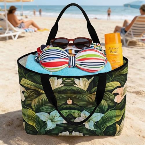 White Lily Flower Mesh Beach Bag,Tropical Bloom Floral Green Leaf Large Beach Tote Waterproof Sandproof Swim Toys Pool Bag