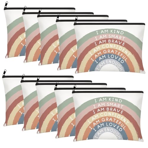 Chunful 10 Pieces Inspirational Canvas Makeup Bags for Women Graduation Gift Rainbow Canvas Cosmetic Bags Bulk with Zipper Friendship Gift Travel Toiletry Pouch(Motivation)