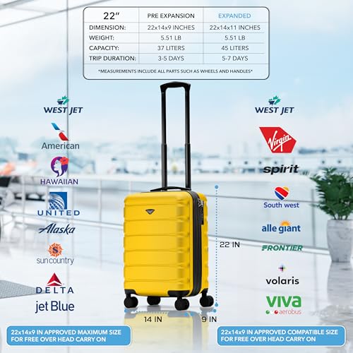 Flight Knight 22x14x9" Expandable Carry On Suitcase Hardside TSA Lock USB C Port Lightweight Luggage Silent Double Spinner Wheels Maximum Overhead Carry-On Bag For American & United Approved Airlines