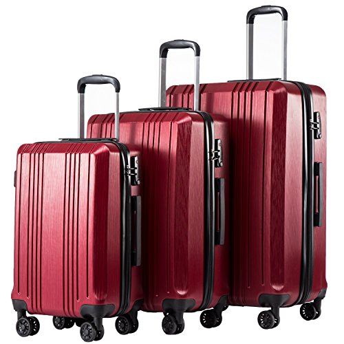 Coolife Luggage 3 Piece Set PC+ABS Hardshell Suitcases with TSA Lock, Spinner Lightweight (wine red, 3 piece set)