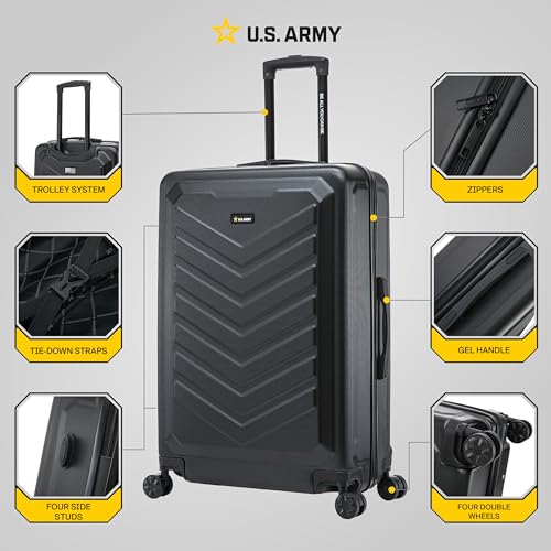 US ARMY Fox 28 inch Hardside Luggage with Spinner Wheels | Lightweight Large Suitcase for Extended Travel | Chevron Icon, Gel Handle, Side Studs, Retractable Trolley, Heavy Duty | Black