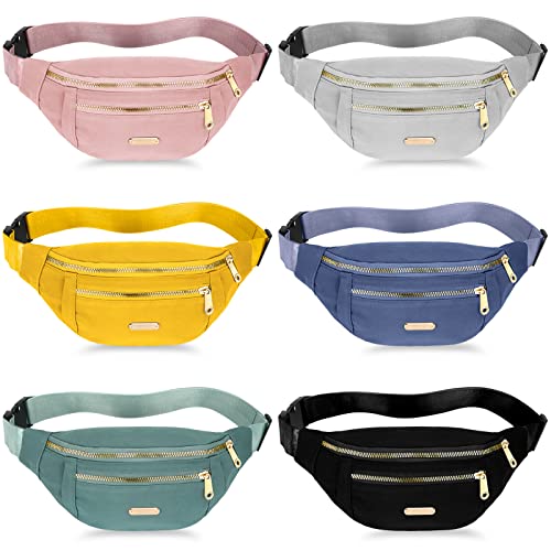 6 Pcs Fanny Pack Waterproof Waist Pack for Women 5.51 x 11.81 Inch Crossbody Belt Bag with Adjustable Strap Zipper Pockets for Festival Sports Traveling Running Phone, 6 Colors