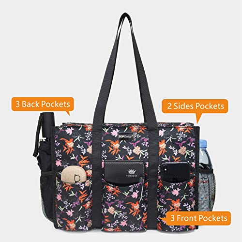 TOPDesign Utility Water Resistant Tote Bag with 13 Exterior & Interior Pockets, Top Zipper Closure & Thick Bottom Support, for Working Women, Teachers, Nurses, Accountants (Small Floral)
