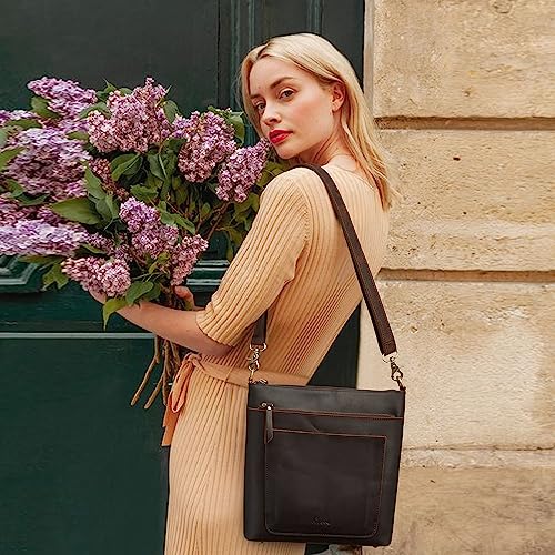 S-ZONE Leather Crossbody Bag for Women Vintage Cross Body Bags Shoulder Purse Ladies Medium Handbag with Multi Pockets