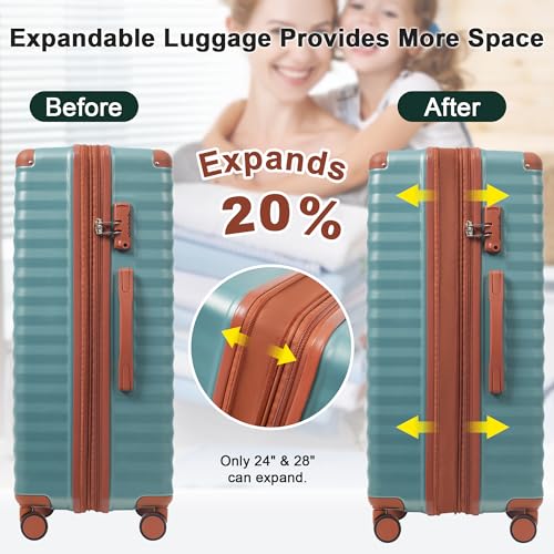 Merax 5 Piece Luggage Set Front Opening Expandable Hardside Carry On Suitcase with Double Spinner Wheels TSA Lock USB Port and Cup Holder,20" 24" 28"(Antique blue green)