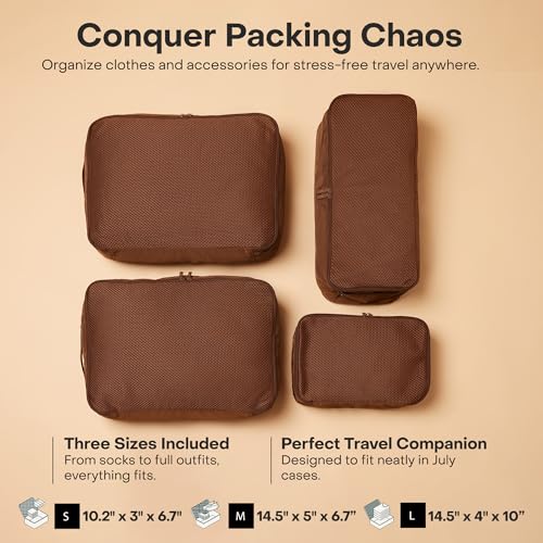 July Packing Cells - 4 Set Packing Cubes Luggage Organizer Bags (S, M, 2 x L), Must-Have Suitcase Organizer for Travel, Road Trip & Camping Accessories, Stain-proof, Washable, 3 Sizes - Dark Brown