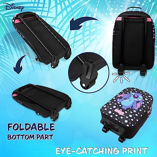 Disney Kids Rolling Luggage 16.0×11.6 in, 16‑L Carry‑On Suitcase with Wheels, Foldable Lightweight Travel Bag, Gifts for Kids (Black Stitch)