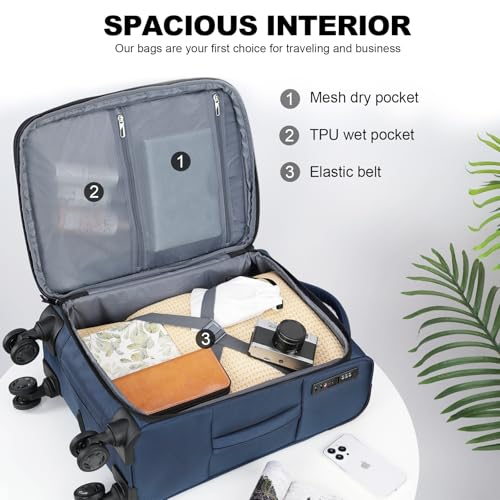 KROSER Softside Expandable Carry On Luggage with Front Business Pockets，20 Inch Suitcases with Spinner Wheels & Built-in TSA Lock, Durable Suitcase Rolling Luggage with USB Port, Haze Blue