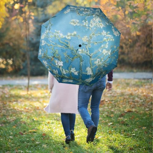 Ucrinei Van Gogh Folding Umbrella, Travel Umbrella with Starry Night Design, Auto Open & Close - Portable Compact Umbrella - Lightweight & Packable for Women & Men (Blooming Apricot Flower)