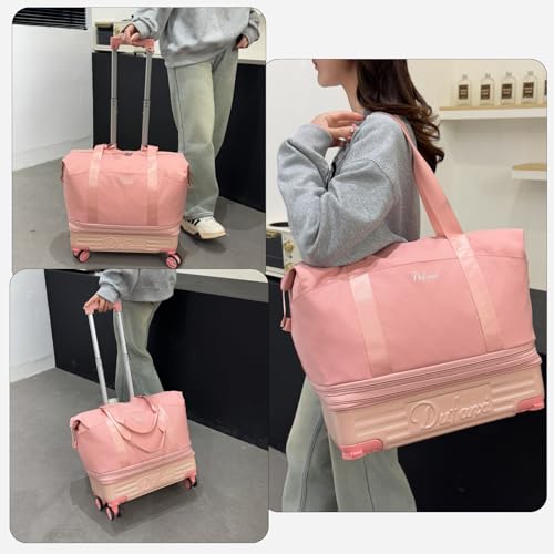 Dufanxi Expandable Rolling Travel Bag with Removable Wheels & Handle, Large Capacity Wheeled Duffle Tote, Foldable Carry On Luggage for Women, Lightweight Weekender Overnight Bag (Pink)