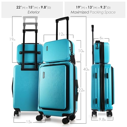 TRAVELARIM 20 Inch Carry On Luggage 22x14x9 Airline Approved, Carry On Suitcase with Wheels, Hard-shell Carry-on Luggage, Durable Luggage Carry-On, Teal Small Suitcase with Cosmetic Case