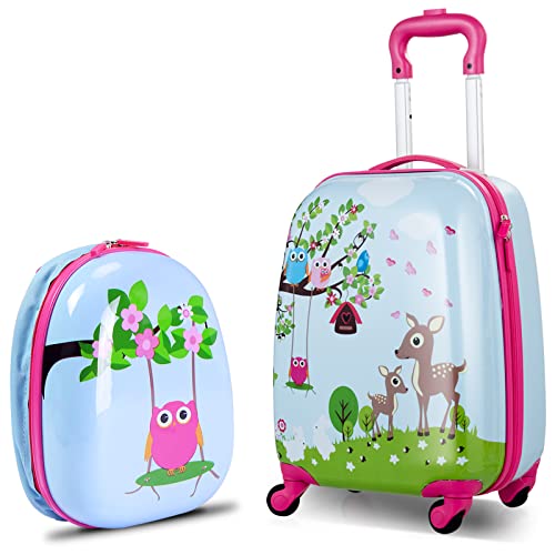 BABY JOY 2 PC Kids Luggage, 16" Toddlers Carry-on Suitcase & 12” Backpack Set, Children Travelling Case w/ 4 Casters & Retractable Handle, Lightweight Trolley Case for Boys & Girls (Deer)