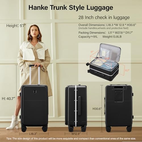 Hanke 28 Inch Checked Luggage with Cup Holder and USB Ports, Top Opening Hard Shell Suitcase with Wheels, Aluminum Frame Large Trunk Luggage with Foldable Divider & TSA Lock for Travel, Jet Black