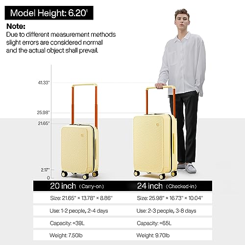 mixi Carry On Luggage Airline Approved 20'' Lightweight Luggage Wide Handle PC Hardshell Suitcases with Spinner Wheels & TSA Lock, Lark Yellow