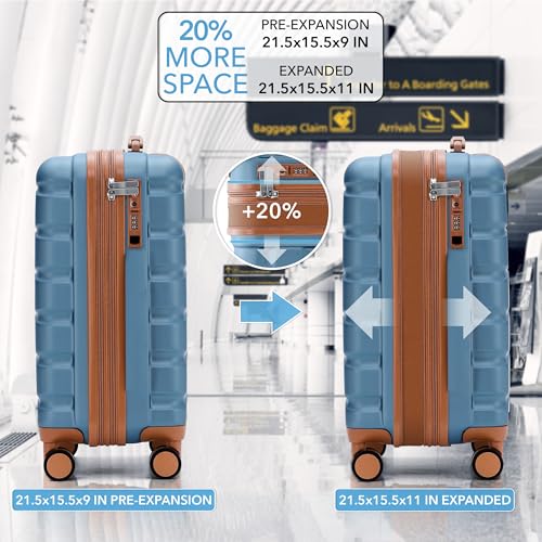 Flight Knight 21.5x15.5x9 Expandable Carry On Suitcase Hardside TSA Lock & USB C Port Lightweight Luggage Silent Double Spinner Wheels Maximum Canada Air Overhead Bag Airlines Approved Blue/Tan