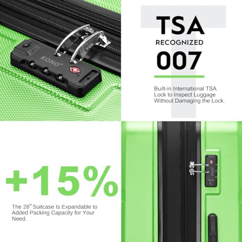 Kono 4 Piece Luggage Sets Expandable(only 28") with Spinner Wheels TSA Lock Lightweight PC+ABS Hardside Travel Rolling Suitcases 20in 24in 28in Carry on and 12in Mini Cosmetic Case Apple Green