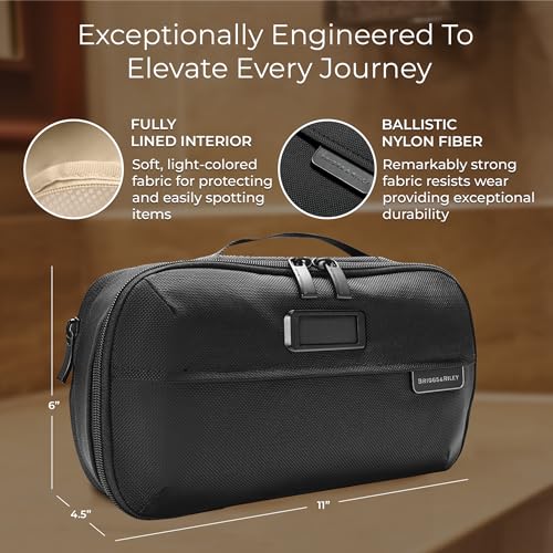 Briggs & Riley Expandable Essentials Kit - Toiletry Travel Bags for Women & Men, Organizer for Vacation, Compact Dopp Kit for Bathroom Accessories, Makeup, & Skincare - Baseline Collection, Black