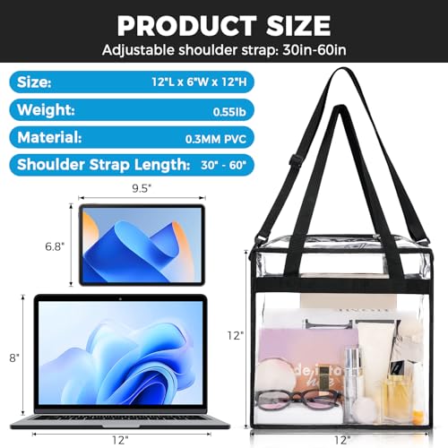 BAGAIL Clear Bags Stadium Approved Clear Tote Bag with Zipper Closure Crossbody Shoulder Bag with Adjustable Strap(12 Inch X 12 Inch X 6 Inch,Black)