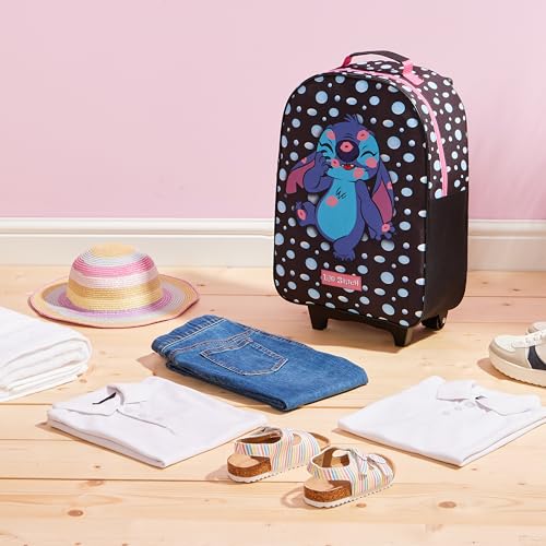 Disney Kids Rolling Luggage 16.0×11.6 in, 16‑L Carry‑On Suitcase with Wheels, Foldable Lightweight Travel Bag, Gifts for Kids (Black Stitch)