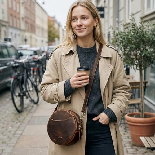 S-ZONE Leather Crossbody Bags for Women Trendy Circle Cross Body Shoulder Bag Designer Round Purses