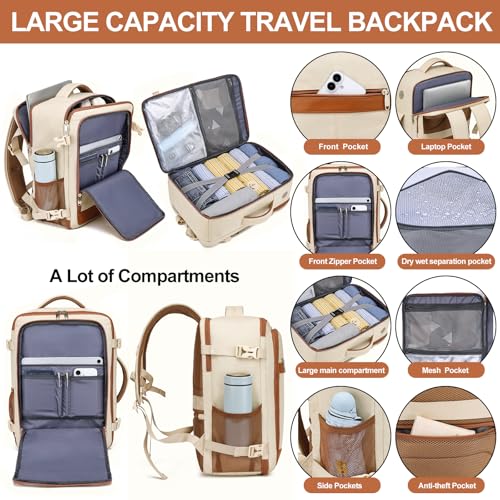 Travel Backpack for Women Airline Approved Carry On Backpack with Shoe Pouch,TSA 15.6inch Laptop Mochila Flight Approved Personal Item Bag for Weekender Overnight Bags Bookbag Travel Essentials,Beige