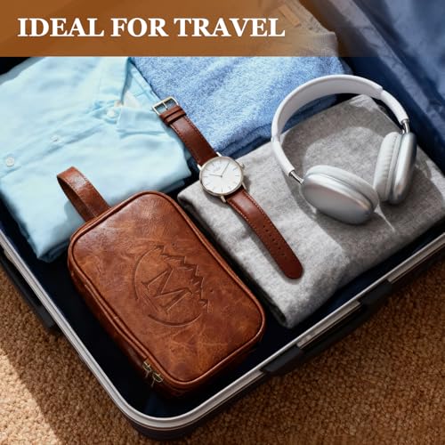 Personalized Toiletry Bag for Men,Engraved Mens Toiletry Travel Bag,Waterproof PU leather Toiletry Shaving Bag for Men Birthday Gift Ideas for Men Dad Husband Him,Anniversary Groomsmen Gifts Brown- M