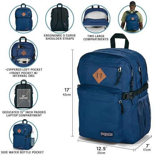 JanSport Main Campus Backpack - Travel or Work backpack w 15-Inch Laptop Sleeve and Dual Water Bottle Pockets, Navy