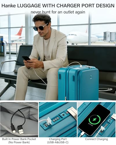 Hanke 20 Inch Expandable Carry On Luggage with Cup Holder 22x14x9 Airline Approved, Top Opening Hard Shell Suitcases with Wheels, Carry-On Travel Suitcase Trunk Luggage with Lock, Caribbean Blue