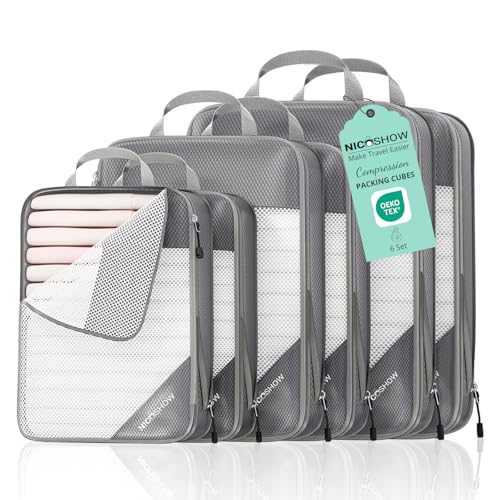 NICOSHOW 6 Set Compression Packing Cubes for Travel - Compressible, Lightweight, and Space-Saving Packing Cubes, Travel Essentials for Women, Grey
